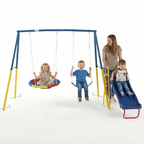 Mersco Heavy-Duty Metal Unisex Child Playground Swing Set - Outdoor Play Equipment, 440lbs Capacity, 32in Saucer, 26.2in Belt Seat, Ultra-Safe Frame, Carabiner Design, Pre-Drilled for Easy Assembly, Powder-Coated Finish, Swinging Toy for Backyard Friends