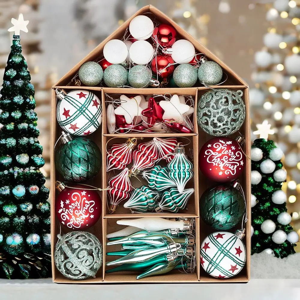 Elegantly Distinct Set of Christmas Ornaments Magenta, Green, White and Red Baubles, Icicles and Stars