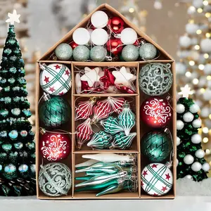 Elegantly Distinct Set of Christmas Ornaments Magenta, Green, White and Red Baubles, Icicles and Stars