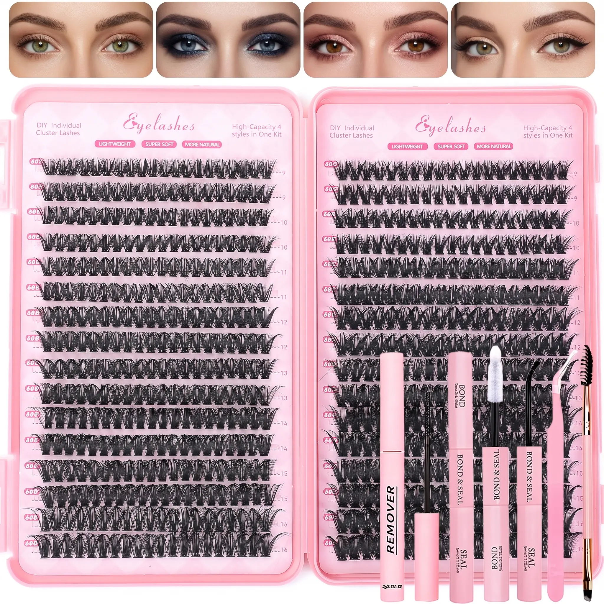 640pcs DIY Individual Lash Clusters Kit - 30D,40D,50D,60D Wispy Natural D-Curl 9-16mm Lash Extensions with Bond, Seal, Tweezers, Brush