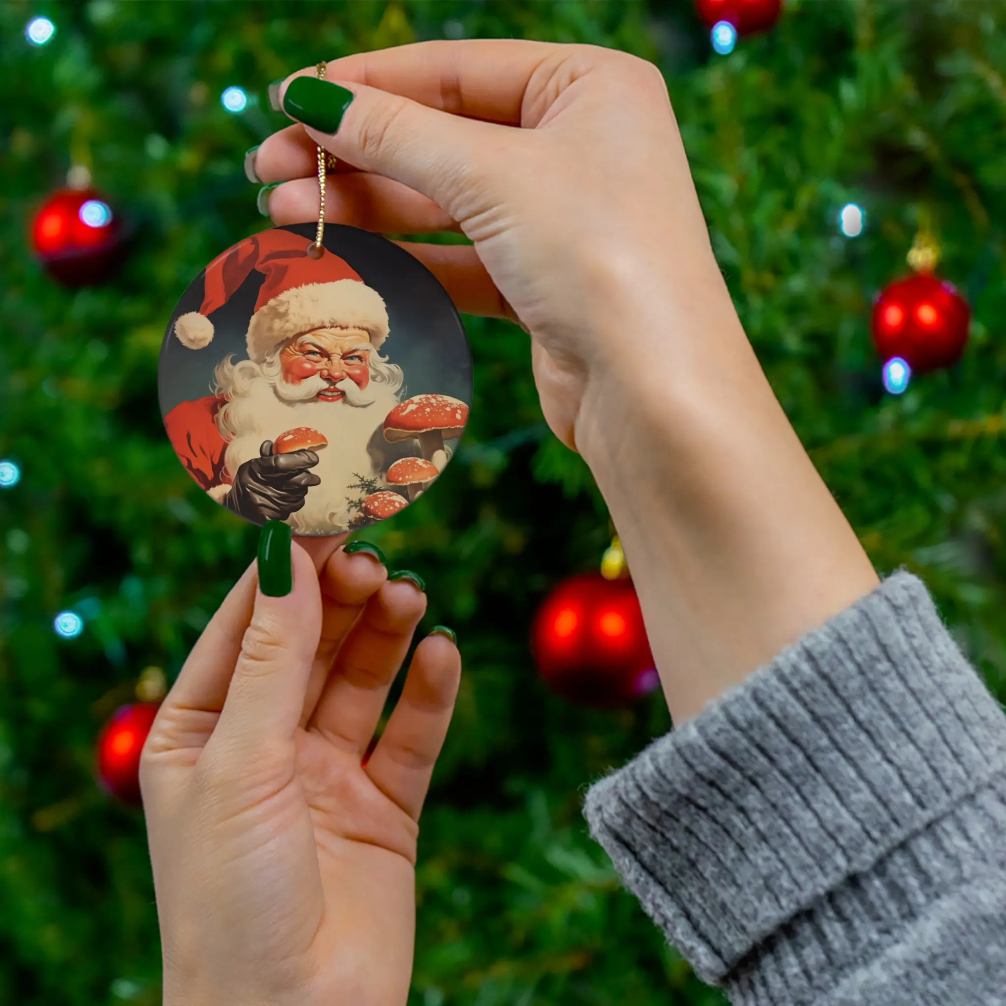 Humorous Vintage-Inspired Santa Holding Mushrooms - Unique Christmas Decor Ceramic Ornament, 3 Shapes