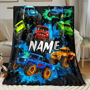 Custom Name Cartoon Fashion Colorful Monster Truck Four Seasons Soft Portable Blanket - Lightweight Flannel Sofa, Camping, Living Room, Office, Chair and Bed Shawl - Digital Print Soft Warm Winter Blanket