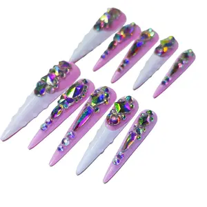 Jmnails 2.1in Long Stiletto 10Pcs Handmade High-Quality Acrylic Press-On Nails with Glitter Glue for Party Luxury Fashion Comfortable Reusable Nails Glitter Glue