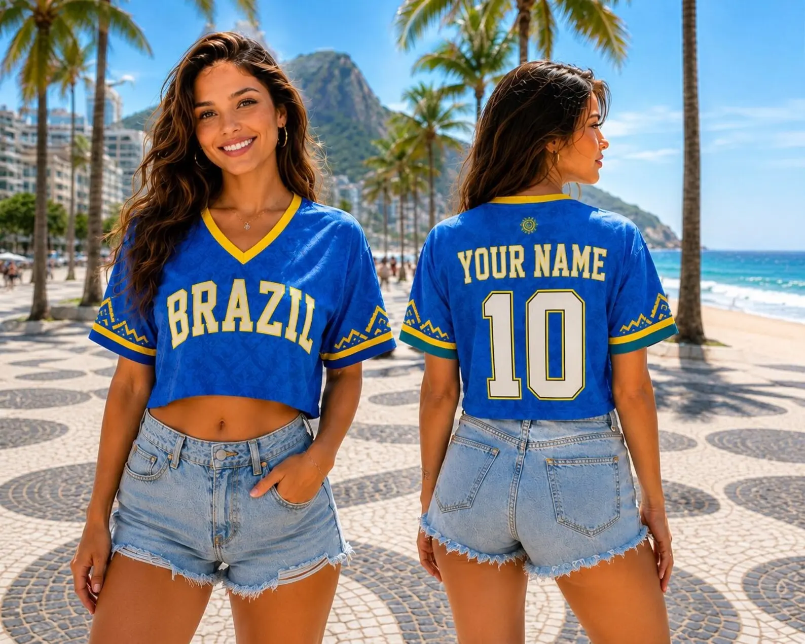Personalized Brazil Crop Top Football Jersey, Custom Name Number Soccer Shirt, Women's All Over Print Sports Tee, Brazil Fan Gift
