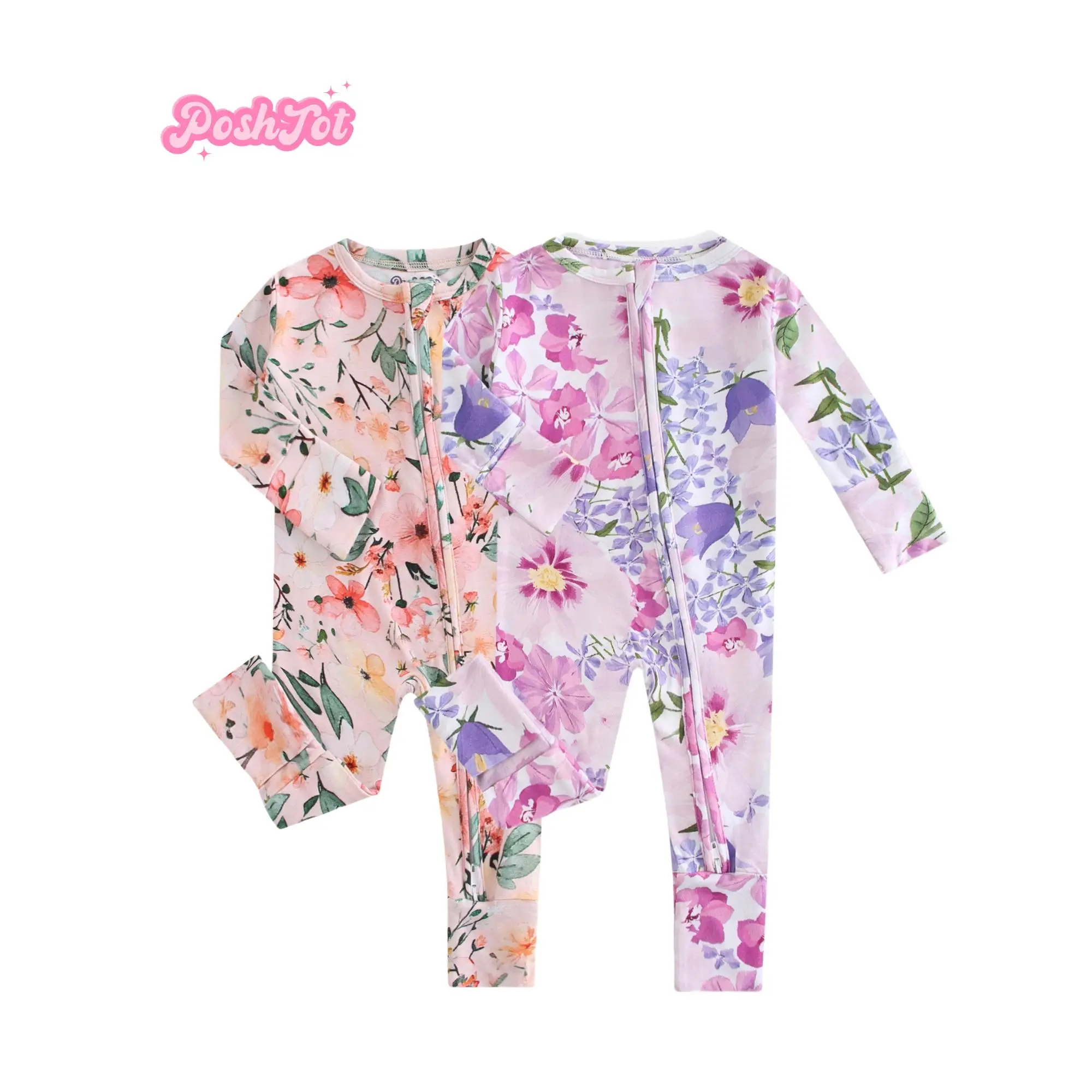 POSHTOT 220gsm bamboo fiber breathable bamboo baby short sleeve zipper romper bodysuit, lightweight. Easy 2-way zipper, convertible mittens for newbor