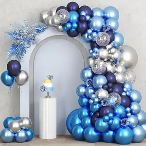 87-piece metallic blue and silver balloon garland archway set, including 18-inch, 12-inch, 10-inch, and 5-inch blue and silver colored paper latex party balloons, suitable for decorations at birthdays, graduation ceremonies, and other events.