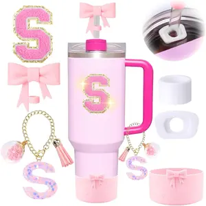 6 count Pink Accessories for  Cup, Decorations for 30/40 oz Tumbler with Handle, Includes Bow Straw Topper Cover Cap&Boot, Initials Charm, Letter Sticker, Spill Proof Stopper (Letter S)