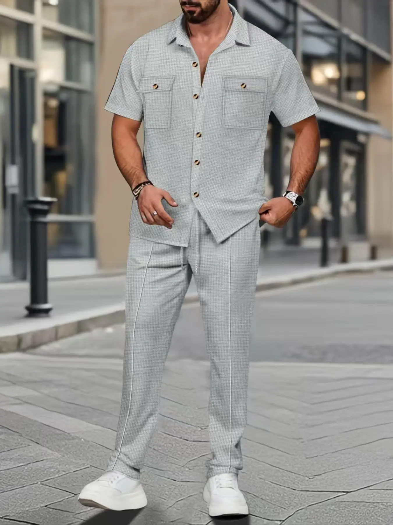 Two-Piece Set Men's Solid Color Double Pocket Collar Shirt & Belt Trousers, Regular Fit Casual Comfy Short Sleeve Top & Slanted Pocket Trousers, Men's Summer Clothes, Menswear, Casual Outfit Set