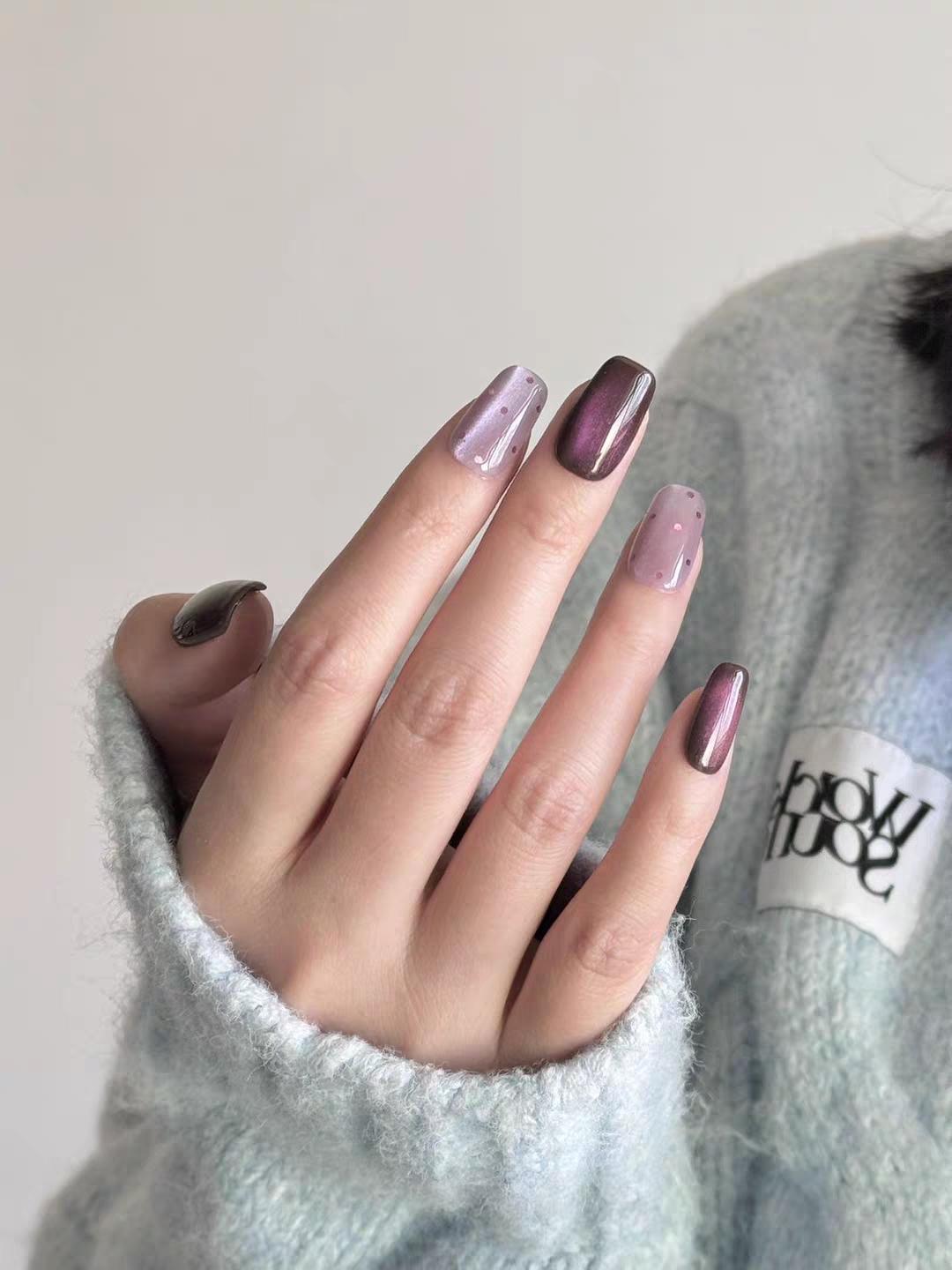 【Lucy UU】Gorgeous Grape Purple Cat Eye Press On Nails With Rhinestone Dots Short Square New Medium Square Shape Handmade Reusable Luxury Fake Nail For Women