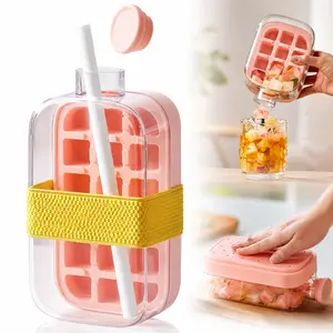 2-in-1 Ice Cube Tray Water Bottle with Straw, Easy Press Ice Cube Bottle, Leak Proof Lid, Portable Freezer Ice Maker for Iced Coffee, Cold Drinks, Travel and Gym