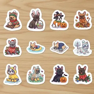 12 Pack Vinyl Sticker Set, French Bulldog Puppy Outfits, Cute Frenchie Decal Collection, Dog Mom Gift, Planner Scrapbook Aesthetic
