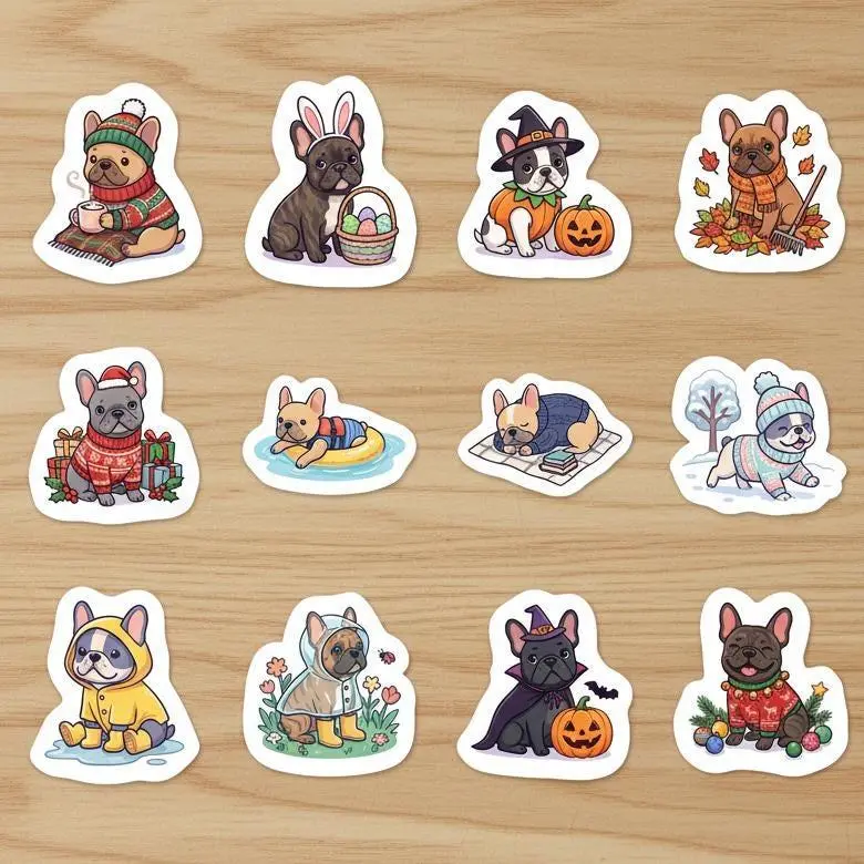 12 Pack Vinyl Sticker Set, French Bulldog Puppy Outfits, Cute Frenchie Decal Collection, Dog Mom Gift, Planner Scrapbook Aesthetic