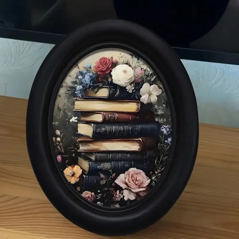 Vintage Floral Book Design 3D Oval Wooden Frame, Elegant Aesthetic Wall Decor for Living Room & Bedroom, Country Farmhouse Art Work for Wall Decor, Librariancore Wall Art, Halloween Decoration, Decoration Items