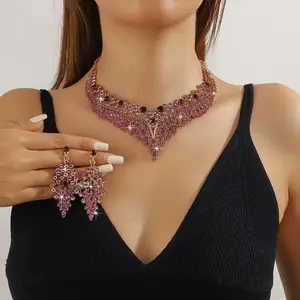Rhinestone Necklace & Earrings Set - Large Statement Jewelry with Interlocking