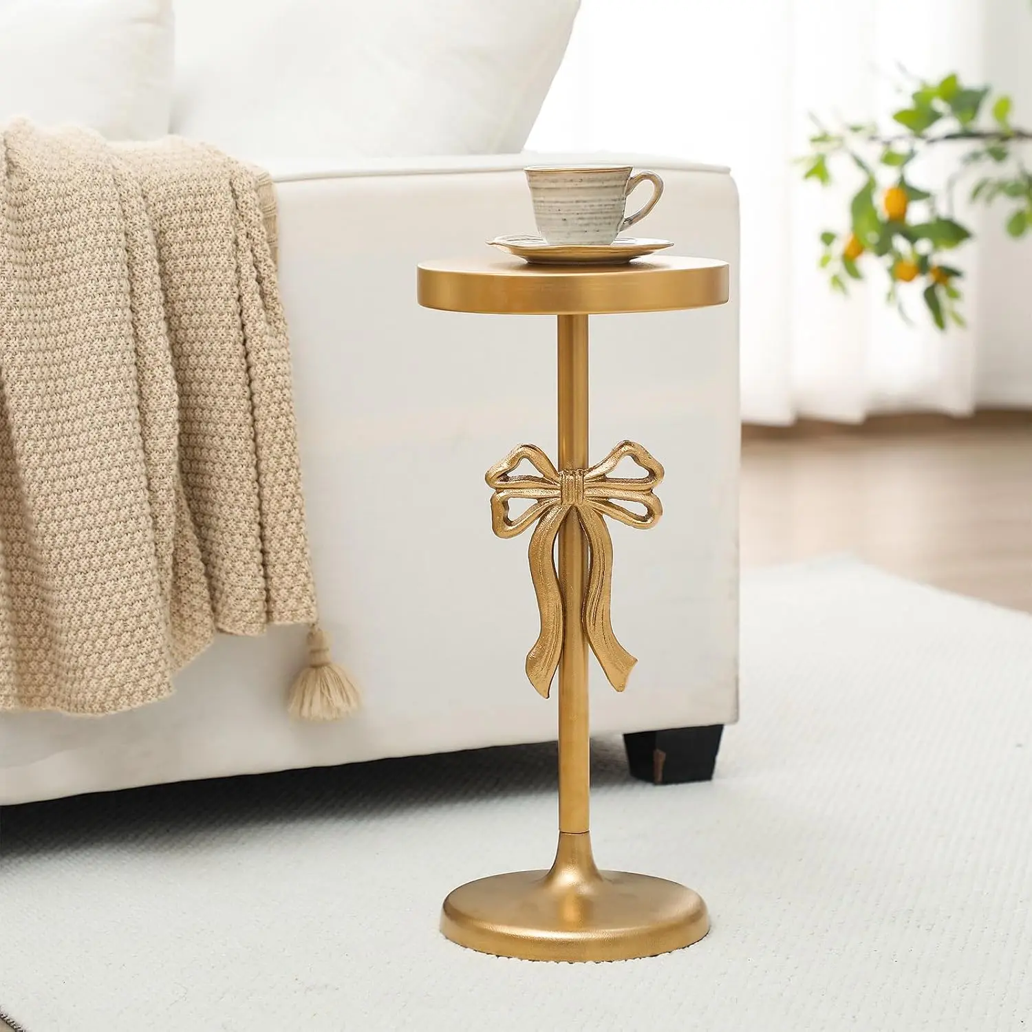 DoubleFill Gold Metal Martini Drink Table 9''x19.5'' Bow Pedestal Side Table Round Martini End Desk Small Cocktail Drink Stand for Small Spaces Nightstand Bedroom Couch Chair Vintage Decor