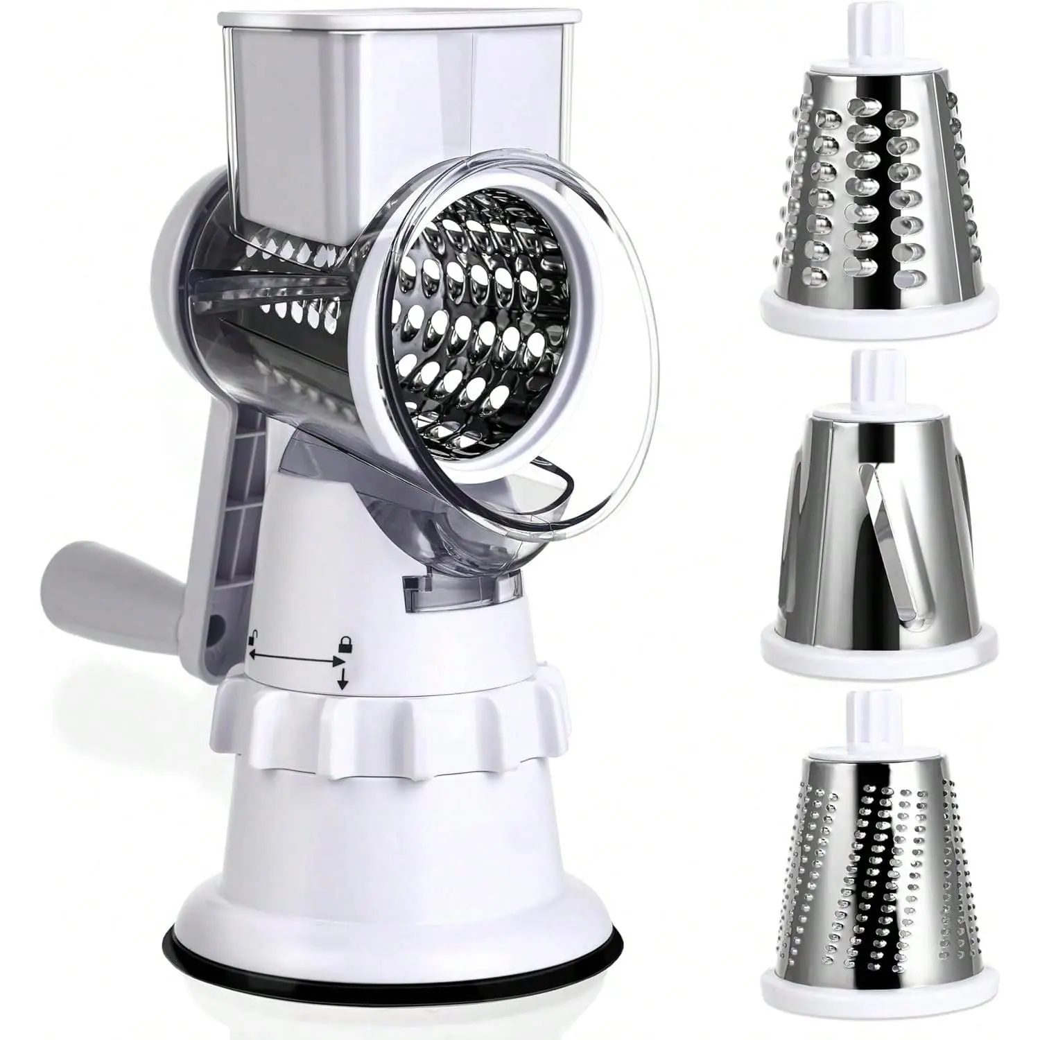 Durable ABS Plastic Kitchen Rotary Cheese Grater - Hand Crank Mandoline Vegetable Slicer Peeler Utensil with 3 Stainless Steel Metal Blades Set, Elegant Design for Everyday Use with Fruits, Nuts