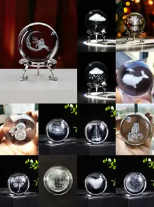 3D Pattern K9 Crystal Ball, 60mm (2.3 Inches), Carved Decoration Craft with Metal Stand, Creative Desktop Feng Shui Ornament for Home Office Bedroom Decor, Home Decor Ornaments, Desktop Decorative Ornament