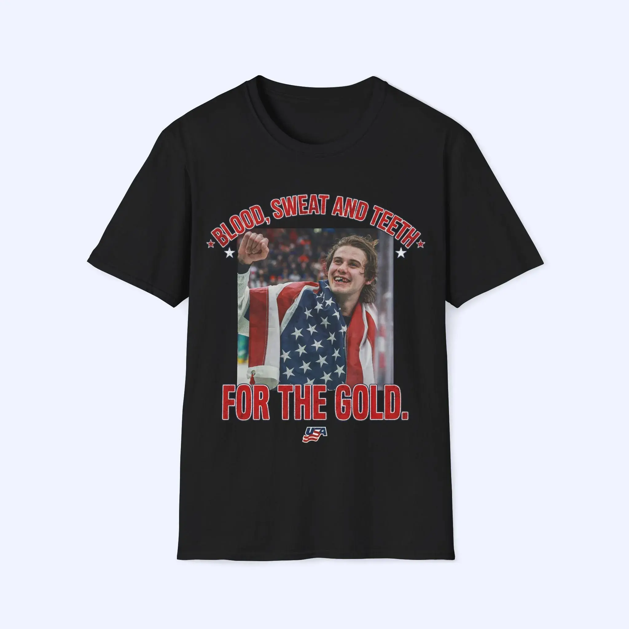 Youth & Adult Jack Hughes Blood Sweat and Teeth for the Gold USA Hockey T-Shirt, Olympic Golden Goal Hockey Fan Tee, Team USA Inspired Graphic Shirt, Unisex Game Day Sports Gift