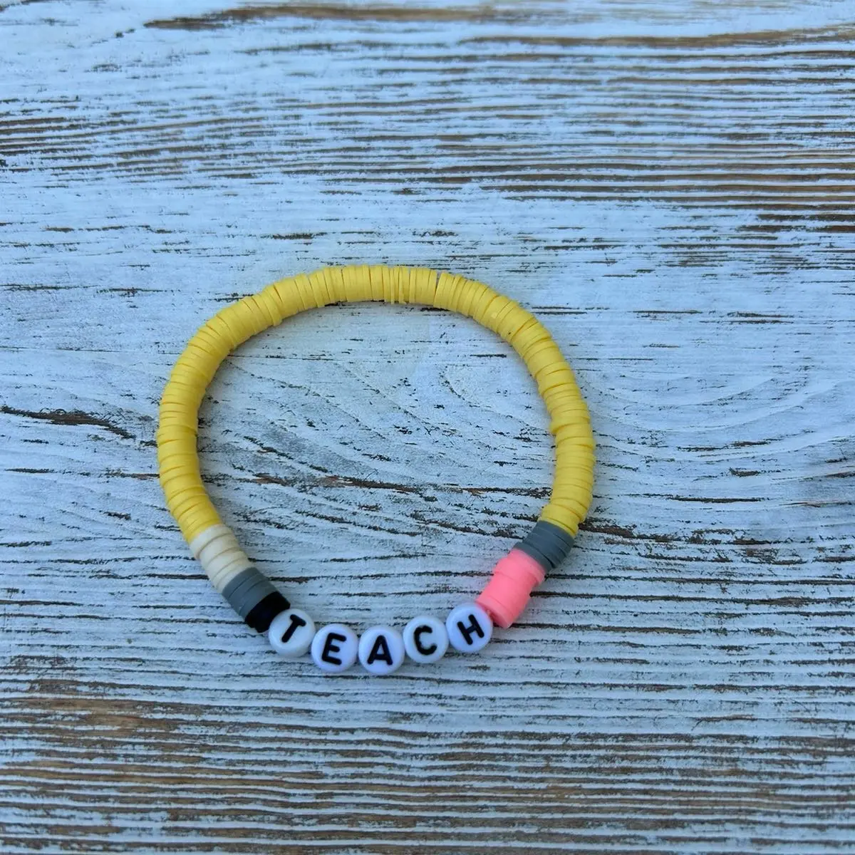 Handmade “Teach” Pencil Bracelets - Heishi Beads, Customizable Stretchy Bracelet
