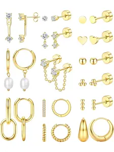 Golden Women's Earrings: Hypoallergenic Cartilage Earring Set, suitable for multiple piercings. Stylish hoop earrings that are lightweight and stackable. Adorable small cubic zirconia faux  pearl studs and hoops in golden or silvery.