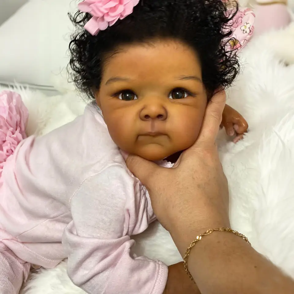 18-in Lifelike Reborn Baby Doll, Deep Dark Brown Skin Tone with Realistic Rooted Hair, Soft Huggable Body, American Girl Doll-Style Toy, Soft Cuddly Gift for 4-6 Year-Olds, Lifelike Soft Dolls