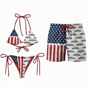 Patriotic USA Flag Twisted Tea Matching Couples Swimwear Set with Iconic Beverage Graphics Adjustable Womens Tie Side Thong Bikini & Mens Beach Swim Shorts Hawaiian Style Summer Vacation Beachwear