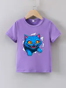 Girls' Summer Short Sleeve Kpop Cartoon Cheshire Cat Print T-Shirt, Casual Fitted Top Without Zipper, Cute Animal Pattern, Cartoon Print Tee