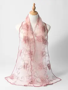 French Romantic Lace Embroidered Mesh Long Scarf, Soft Style Versatile Sun Protection Shawl, Elegant Decorative Wrap for Women