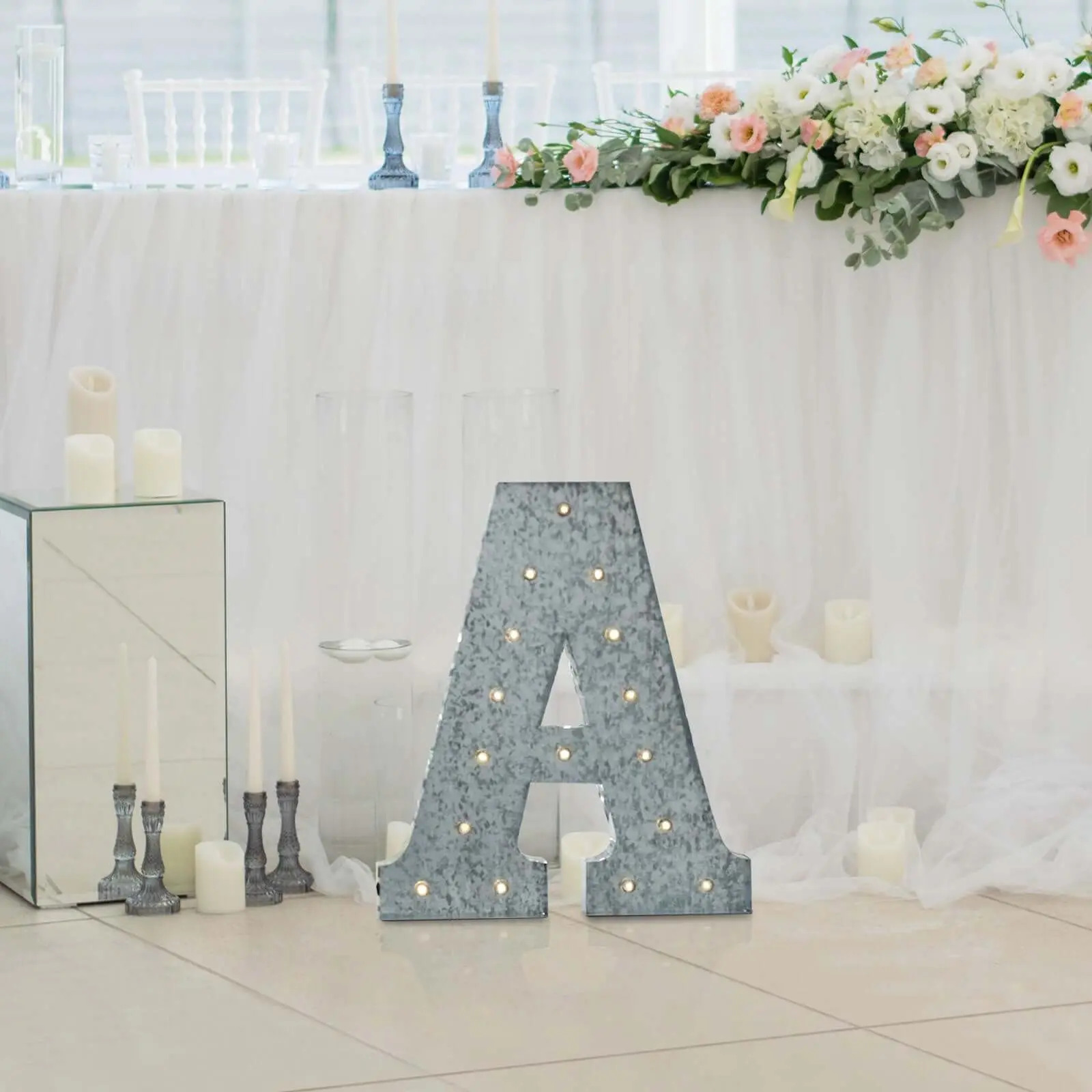 Vintage Galvanized Metal Marquee "A" Letter Light Cordless With 16 Warm White LED 20"