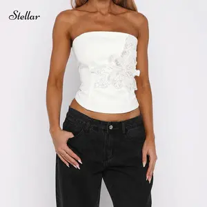 Women's Floral Tube Top Elegant Beaded Strapless Bandeau Sleeveless Going Out Crop Tops