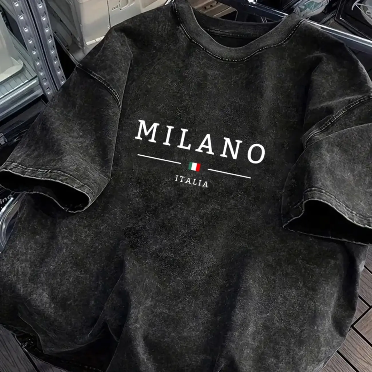 Men's Oversized T‑Shirt - Vintage Italian Flag & Milano Print (1945‑1985), Grey Retro Short Sleeve Round Neck Tee, Casual Summer Shirt for Casual Attire & Italian Heritage Style, PLUS SIZE
