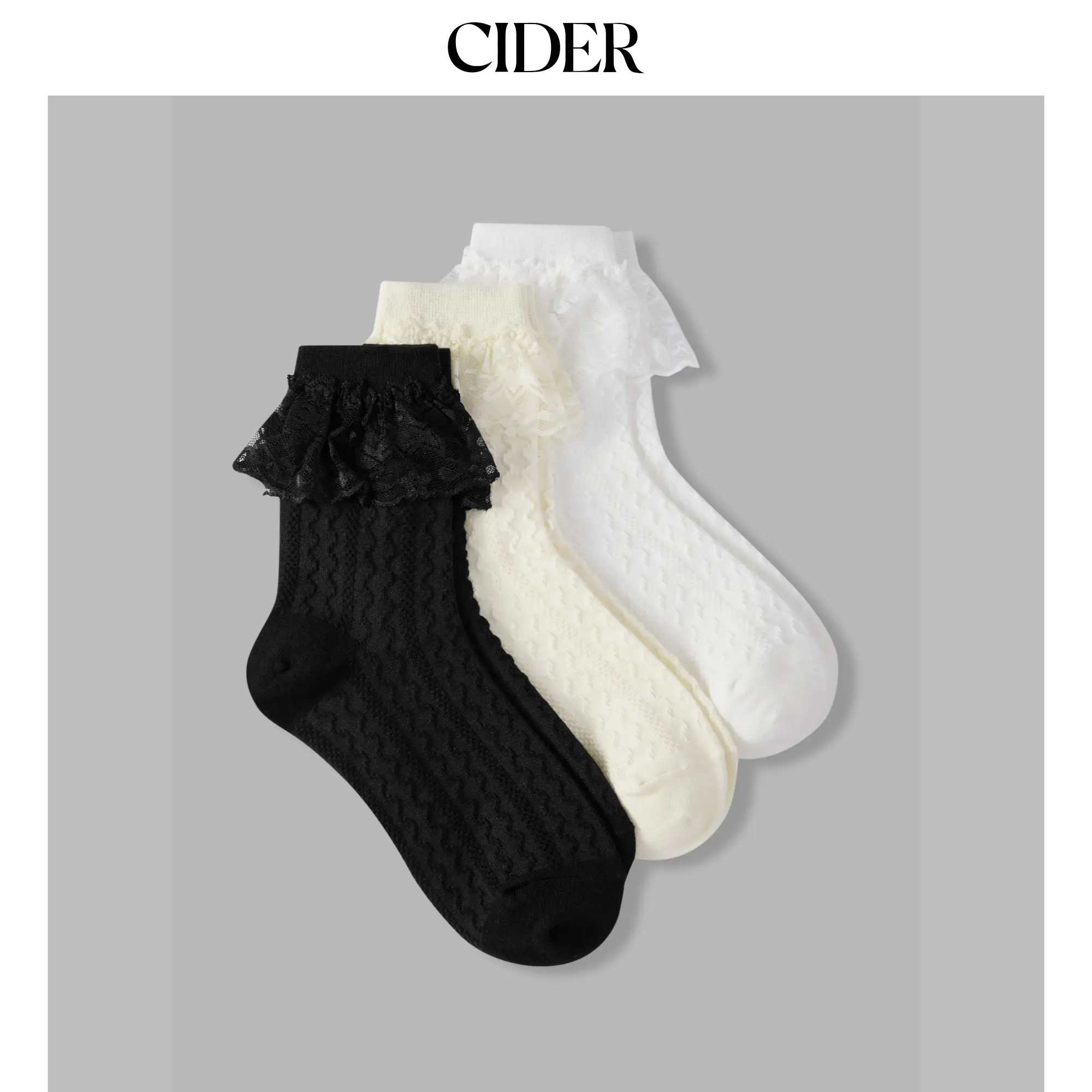 Cider Women's Calf-High Knit Crew Socks with Lace Trim - 3 Pairs, Basic Casual Style, Underwear for Women, Prop 65 Safe, All Seasons