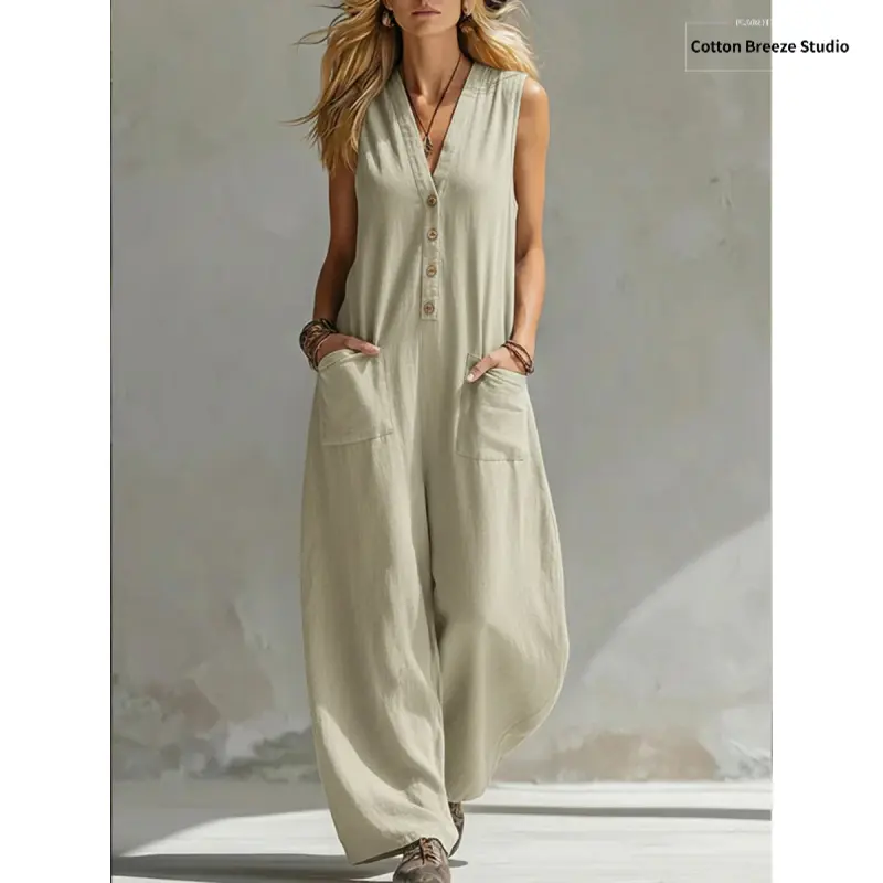 Women's Casual V-Neck Jumpsuit, Loose Solid Color Sleeveless Wide Leg Overalls for Spring Summer, Ethnic Look, Elegant
