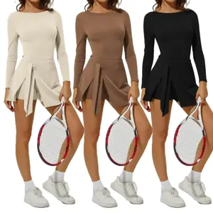 Womens 2-in-1 Long Sleeve Athletic Tennis Golf Dress Workout Active Dresses with Built-in Shorts hem sport dress Clothing SportswearRAIMENTRY