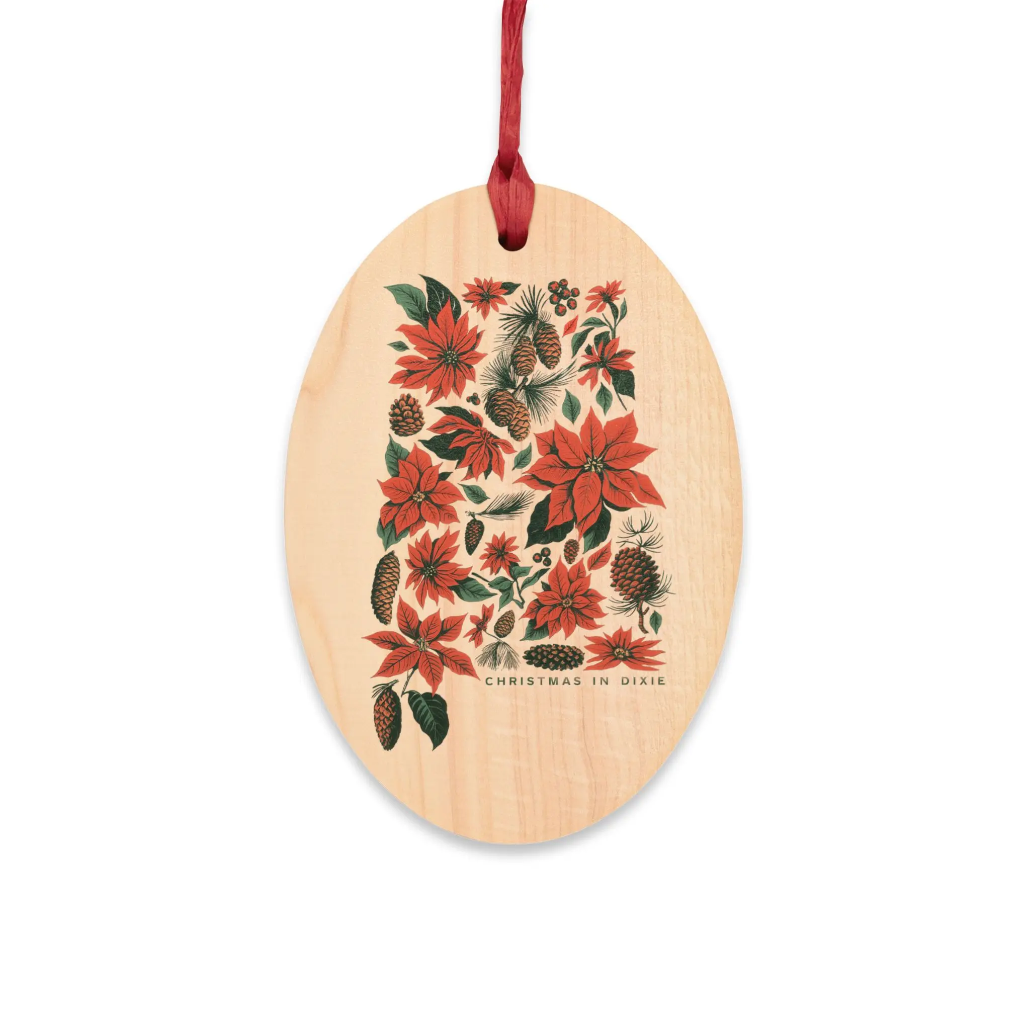 Poinsettia Floral Illustration Wooden Ornament | Oval Holiday Decoration