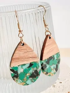 Boho Style Wood Resin Earrings, Natural Stone Water Drop Design, Perfect for Daily Wear & Special Occasions