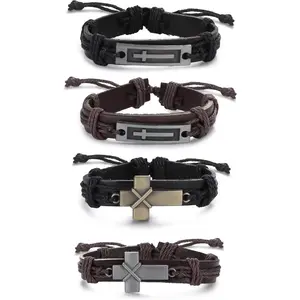 Men's Cross Leather Bracelet Religious Cross Label Adjustable Drawstring Bracelet Set