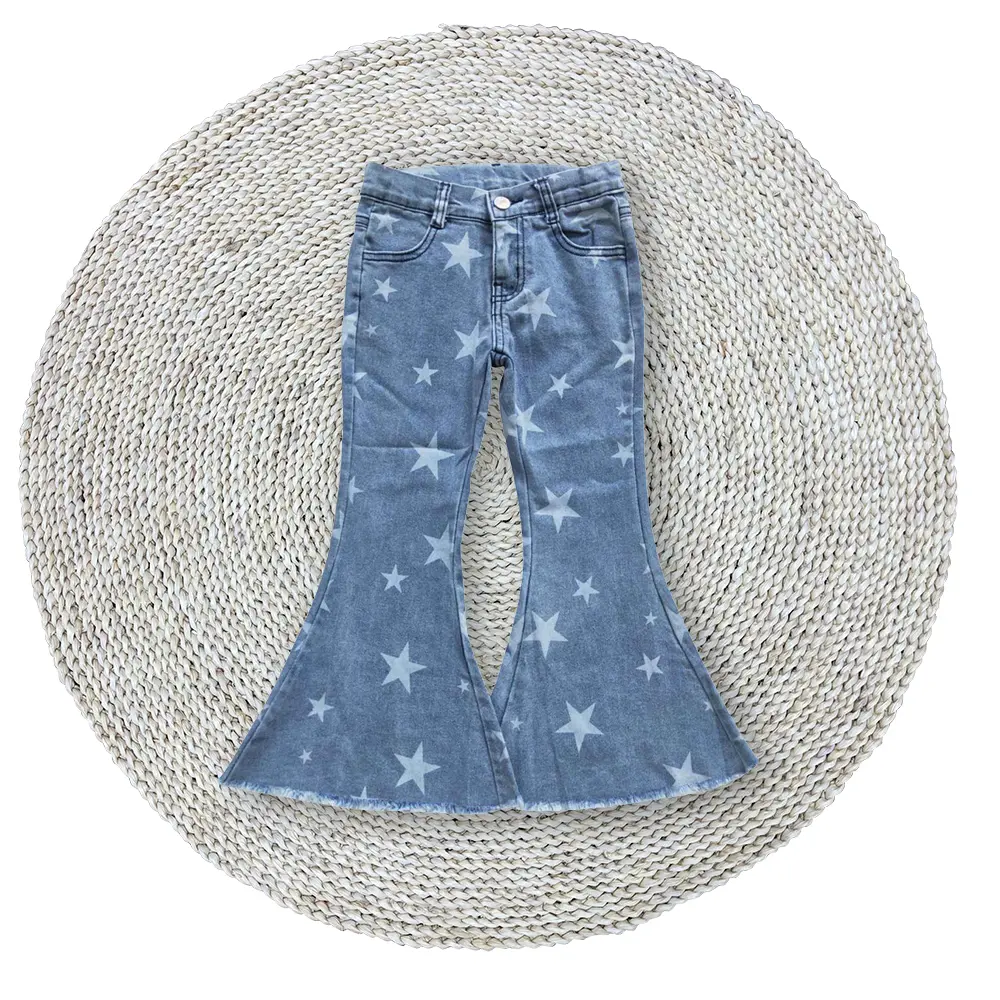 Baby Girls Cowgirls Western 4th of July Stars Light Blue Elastic Waistband Stretchy Bell Bottom Denim Jeans Pants Trousers