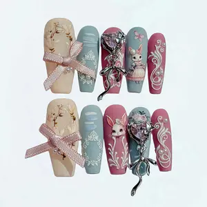 M19 Retro Court Bunny Princess Boho style Hand-worn  removal  (sticker random) press-on nail Handmade Holiday Nail Art for Everyday Wear or Gift