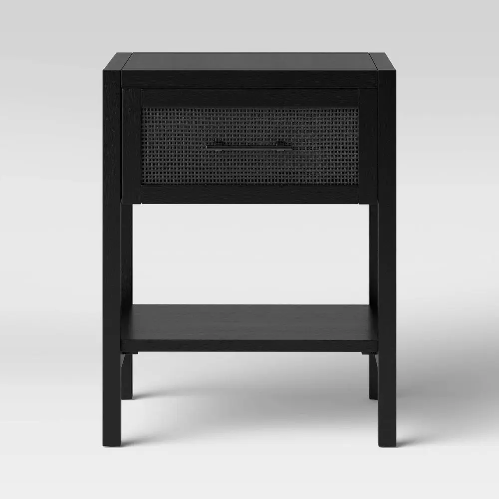 Warwick Side Table with Drawer Black - Threshold: Rattan Mesh Storage Shelf Living Room Furniture