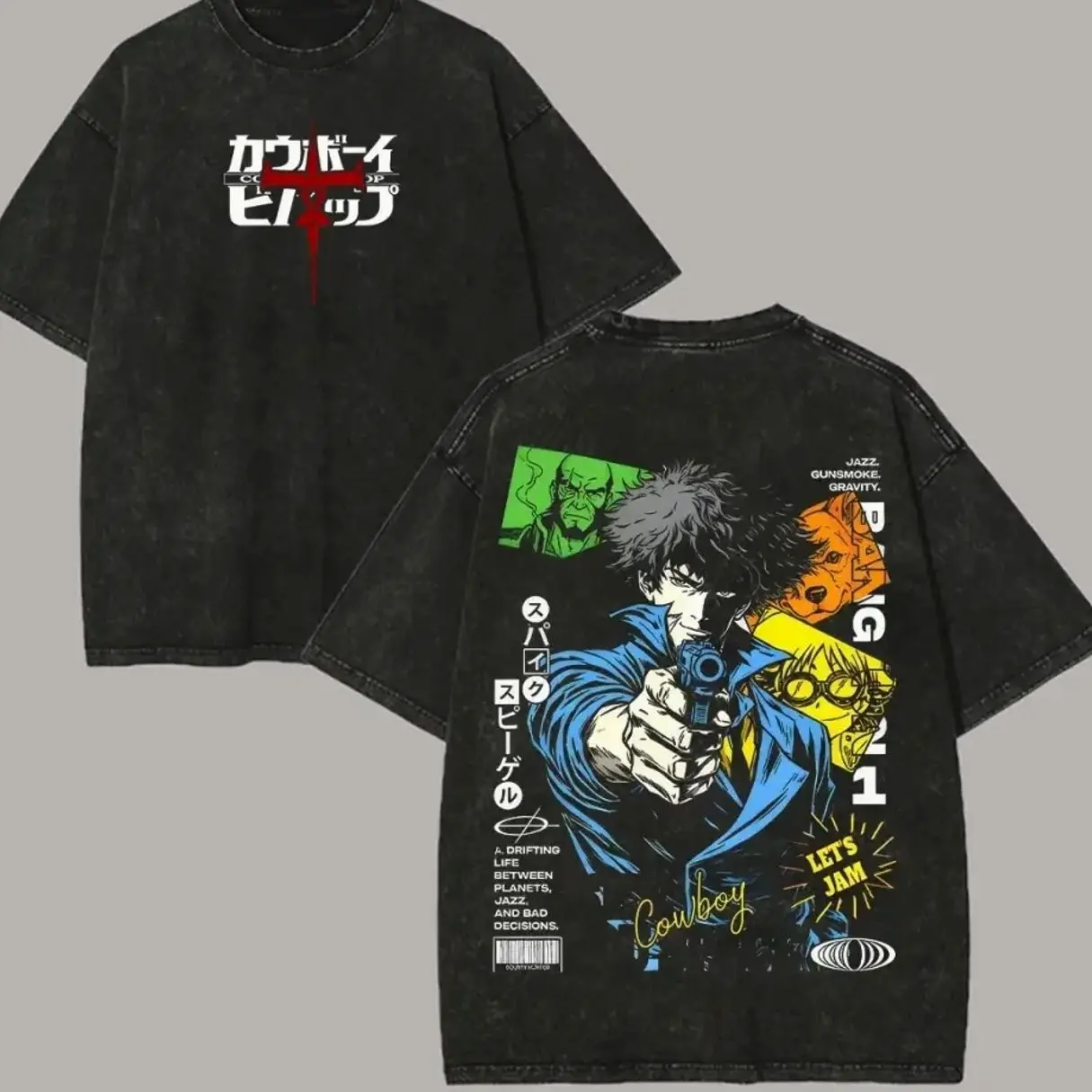Men's Cowboy Bebop Printed Short-Sleeve Round Neck Streetwear T-Shirt, Unisex Everyday Fit Washed Top RV9