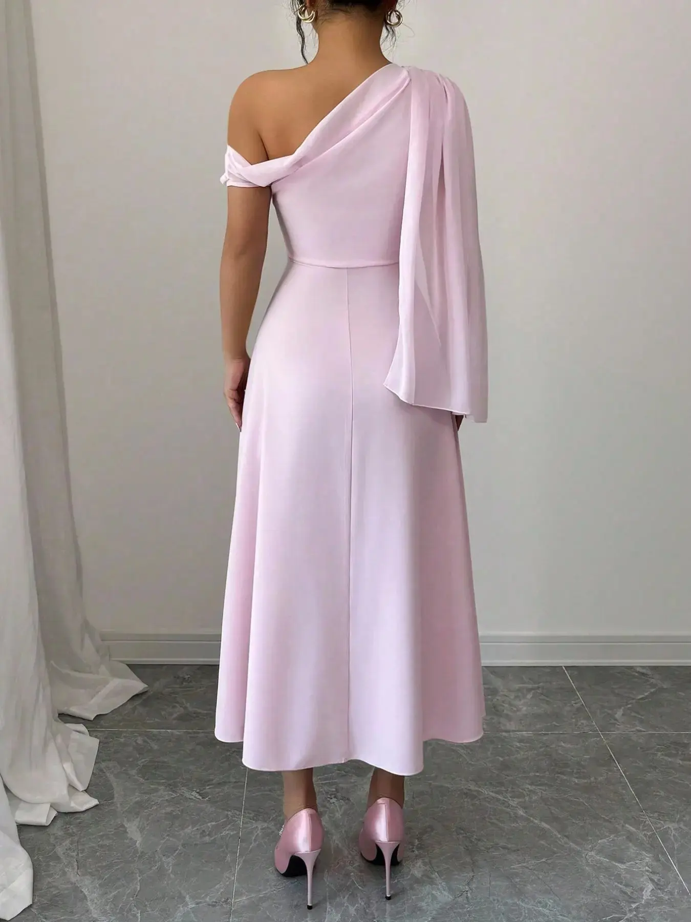Spring Summer New Off-Shoulder Design Mesh Breathable Lightweight Dress, Flowy Belted Slimming Fit Wedding Bridal Outfit Vacation Gown, Elegant A-Line Party Dress Womenswear