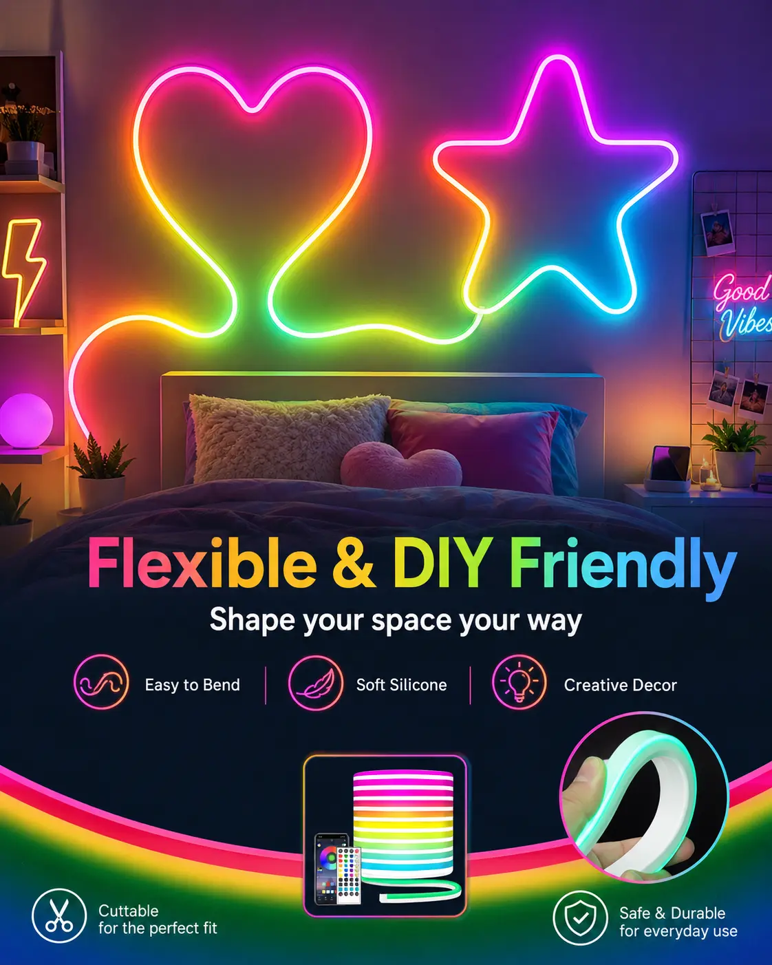 Premium Silicone Cuttable RGB LED Strip Lights - USB Powered, IP65 Waterproof, 16M+ Colors, App & Remote Control Included, Soft Glow for Cozy Indoor Home Lighting