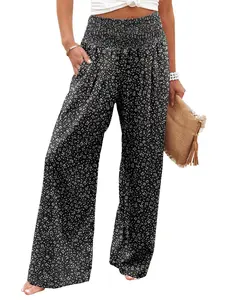 Women's All Over Print Shirred Wide Leg Pants, Boho Fashion Trousers, Boho Casual Comfy Trousers for Daily Holiday Vacation Wear, Women Bottoms for Summer, Bohemian