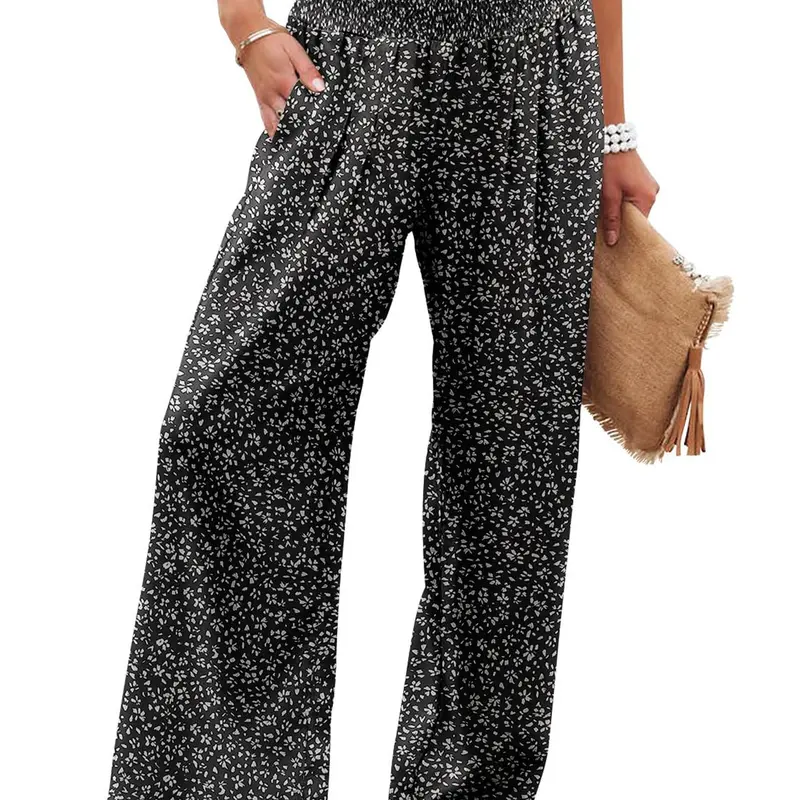Women's All Over Print Shirred Casual High Waisted Wide Leg Pants, Boho Casual Comfy Lightweight Trousers for Daily Holiday Vacation Wear, Women Bottoms for Summer, Bohemian, Womenswear