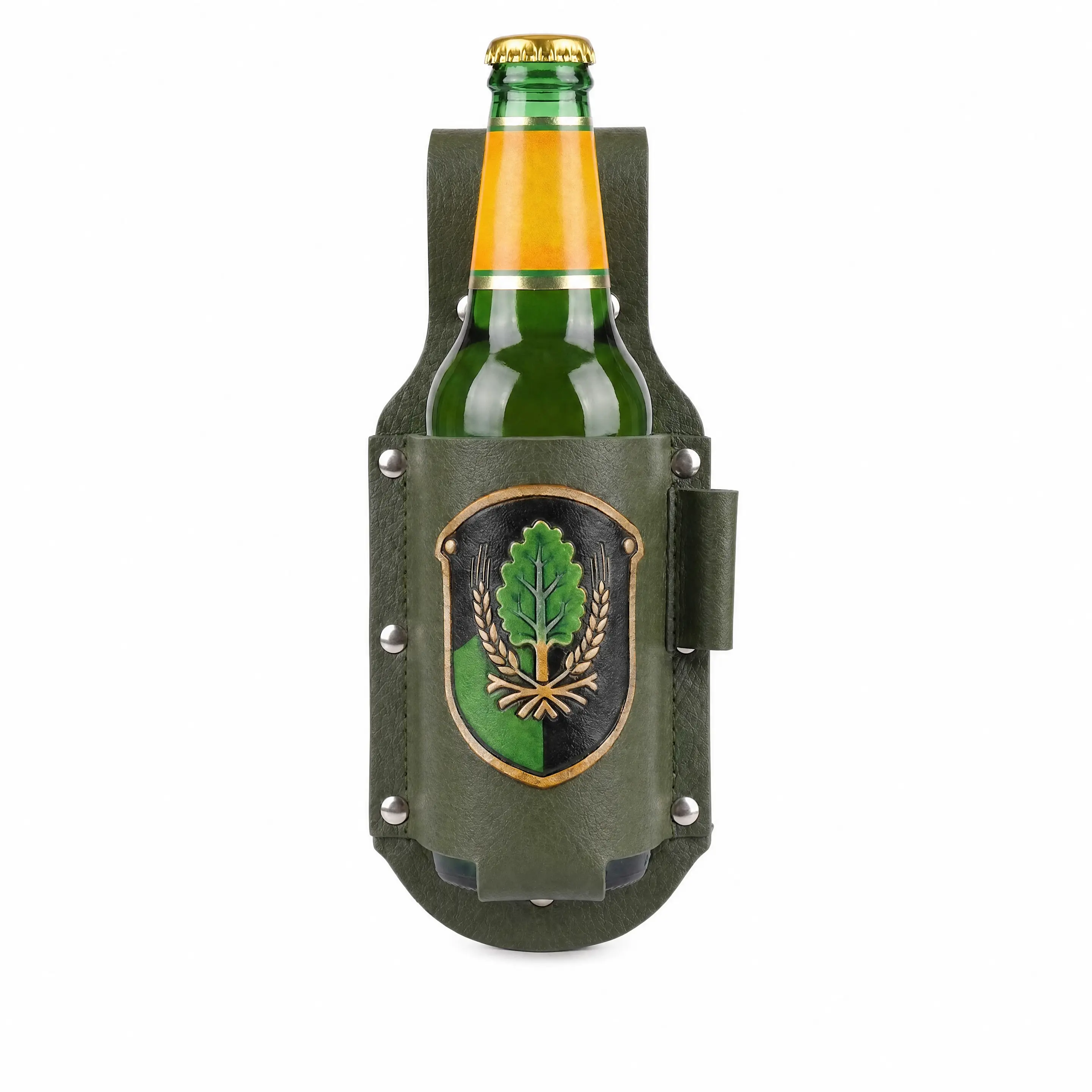 Vintage Leather Durable Beer Holster - Drink Carrier, Bottle Holder with Lightweight Metal Belt Clip, Portable for Biking, Camping, Ideal Gift for Outdoor Enthusiasts