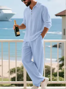 Men's Summer Linen Outfit Set, Buttoned Collar Shirt & Loose Pants, Breathable & Comfortable, Great for Beach, Resort & Casual Outings
