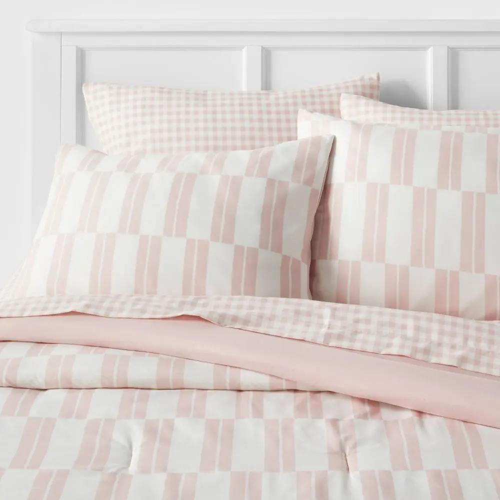7pc Full Dash Stripe Printed Microfiber Reversible Comforter & Sheets Set Ivory/Light Pink - Room Essentials: Polyester Quilted