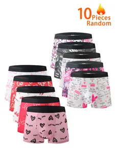 10-Pack Men's Boxer Briefs, Heart Print Fresh Simple Floral Soft High Elastic, Youth Trendy Four-Way Stretch Underwear, Stretchy Boxer Briefs, Polyester Boxer Briefs