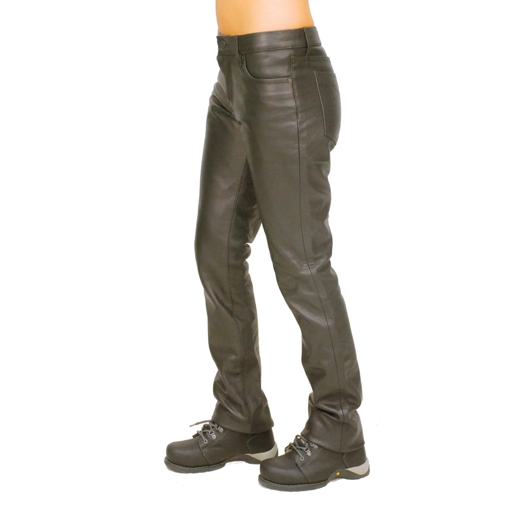 JAMIN LEATHER® Women's Mid-Rise Premium Cowhide Leather Pants LP711K - Black Aniline, Classic Five Pocket Design, Wide Belt Loops, Rear Patch Pockets, Easy to Trim Inseam 33" - Womenswear